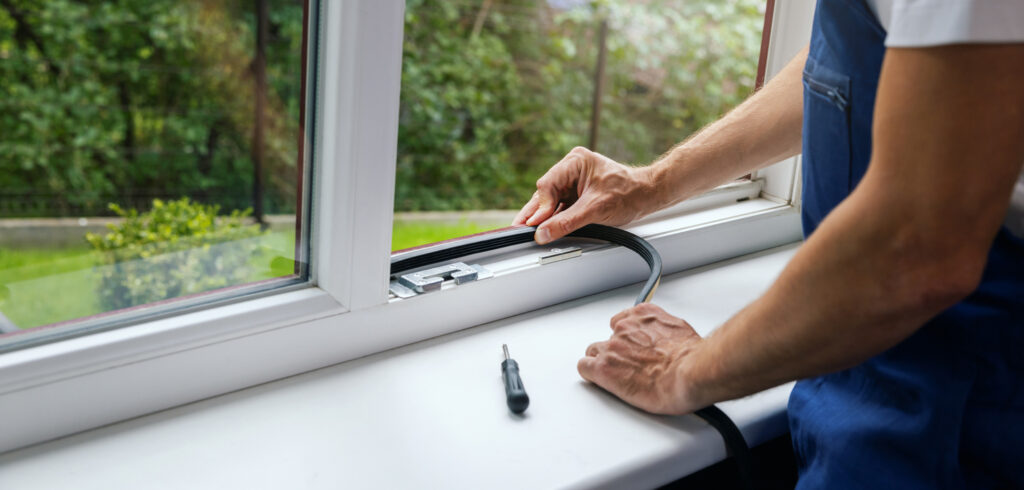 worker installing sealing tape on plastic window frame